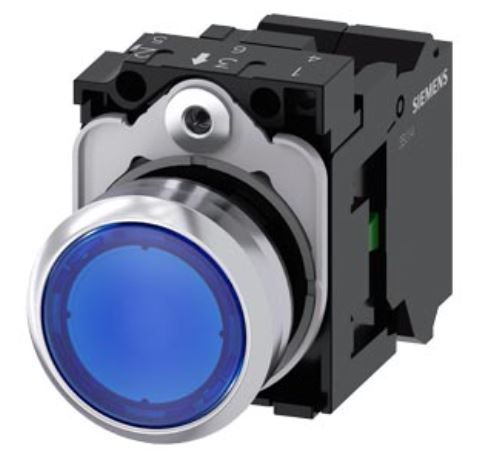 Pulsador luminoso, 22 mm, redondo, metal, brillante, azul, botón, rasante, momentáneo, con soporte, 1 NA, módulo de LED con LED intgr. 24 V AC/DC, borne de resorte