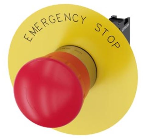Pulsador de seta de parada de emergencia, 22 mm, redondo, metal, brillante, rojo, 40 mm, enclavamiento positivo, según EN ISO 13850 desenclavamiento por giro, con placa de fondo amarilla, inscripción: Parada de emergencia, con soporte, 1 NC, borne de tornillo.
